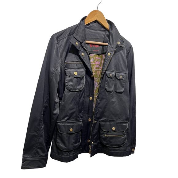 Enita Black Womens Medium Satin Utility Jacket Zip Snap Brass Button Lined Black - Picture 12 of 13